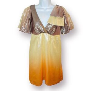 Voom by Joy Han Brown Orange Bow Shimmery Ombre Metallic Silk Cocktail Dress S